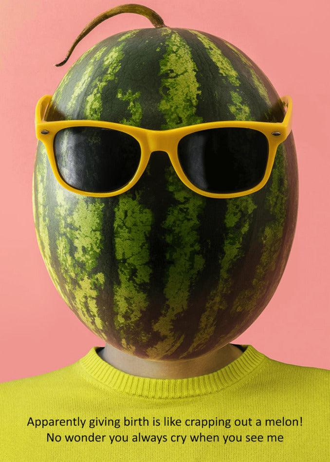 A man wearing sunglasses with a Twisted Gifts Melon Funny Mother's Day Card on his head.