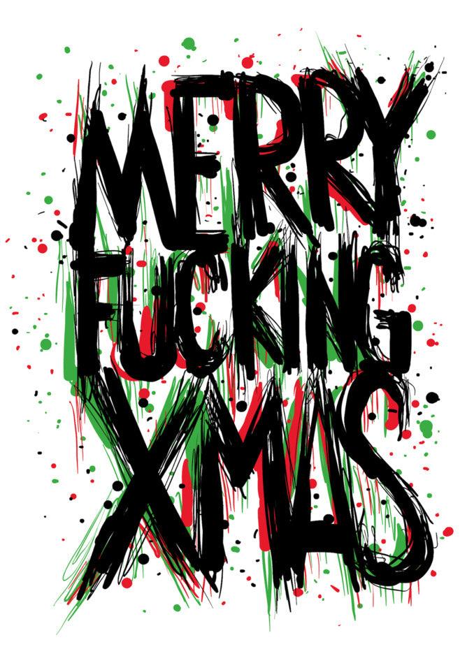 A hilarious and twisted MFX Funny Christmas card featuring the bold and rebellious lettering of "Merry Fucking Xmas" on a clean white background from Twisted Gifts.