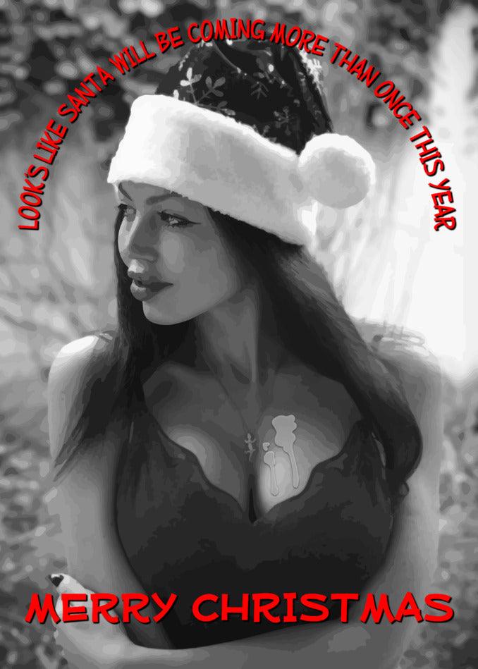 A woman in a Santa hat is posing for a Twisted Gifts More Than Once Rude Christmas Card photo.