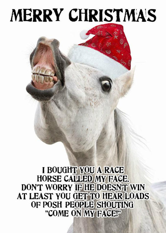 A race horse wearing a Santa hat with the words Merry Christmas on a Twisted Gifts My Face Non-Rude Christmas Card.