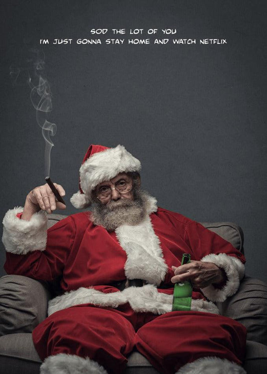 A Santa Claus enjoying a cigarette on a couch, adding a touch of Christmas spirit to your collection of Twisted Gifts' Netflix Funny Christmas Cards.