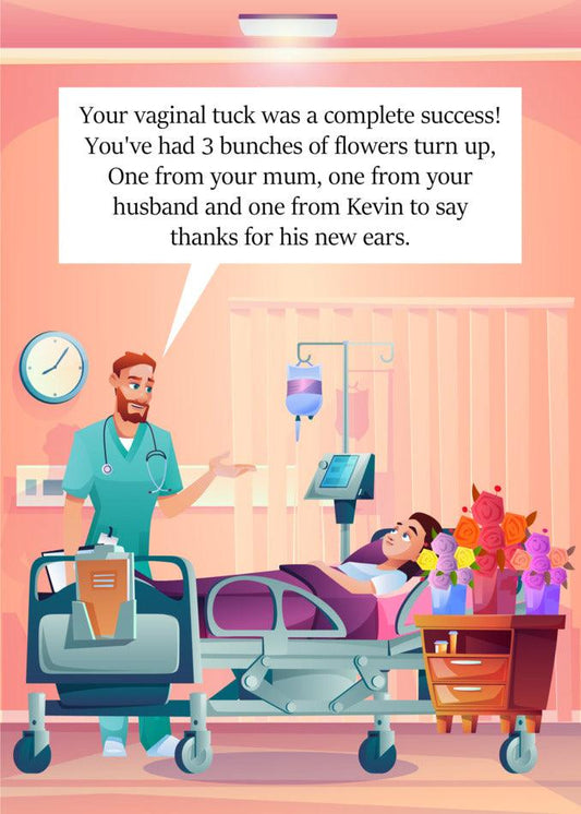 A fun and twisted cartoon showing a woman in a hospital bed, perfect as the New Ears Rude Greeting Card by Twisted Gifts.