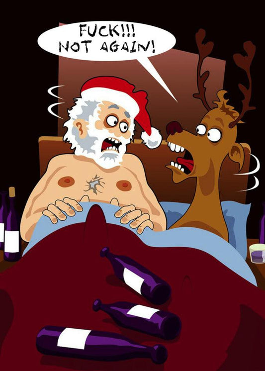 A "Not Again Rude" Christmas card, from the brand Twisted Gifts, featuring a twisted rendition of Santa Claus in bed with a bottle of wine.