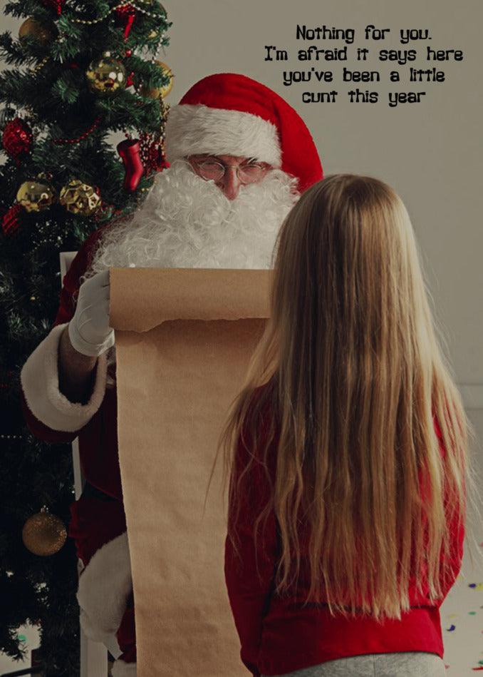 Santa Claus reading a letter from a little girl on the Twisted Gifts Nothing Rude Christmas Card.