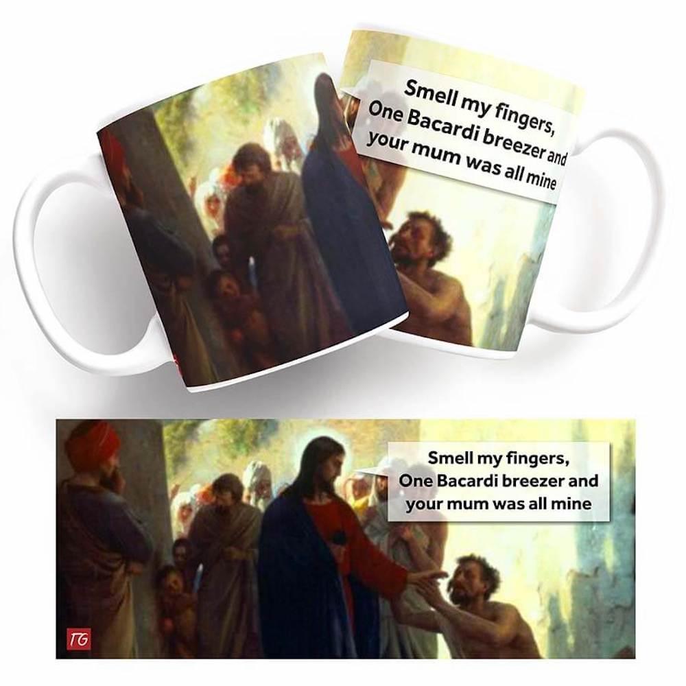 A Twisted Gifts One Drink Mug with a painting of Jesus.