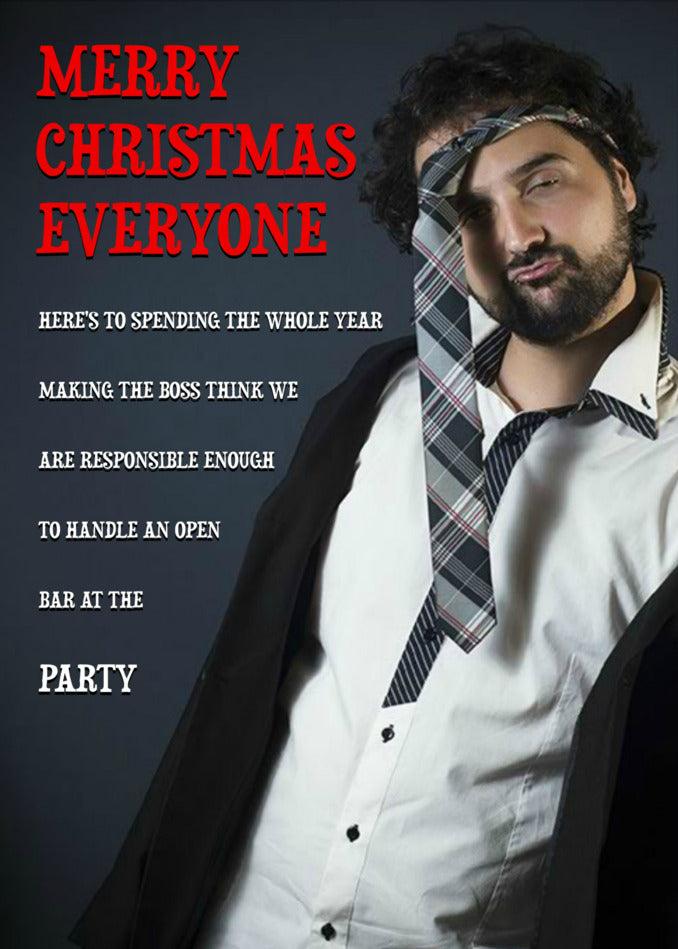 A responsible man wearing a tie sends an Open Bar Funny Twisted Gifts Christmas Card.