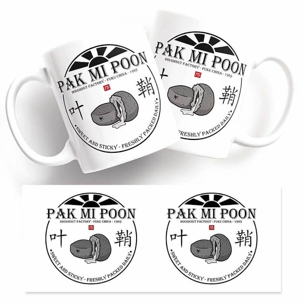 Two Pak Mi Poon Mugs with the brand Twisted Gifts on them.