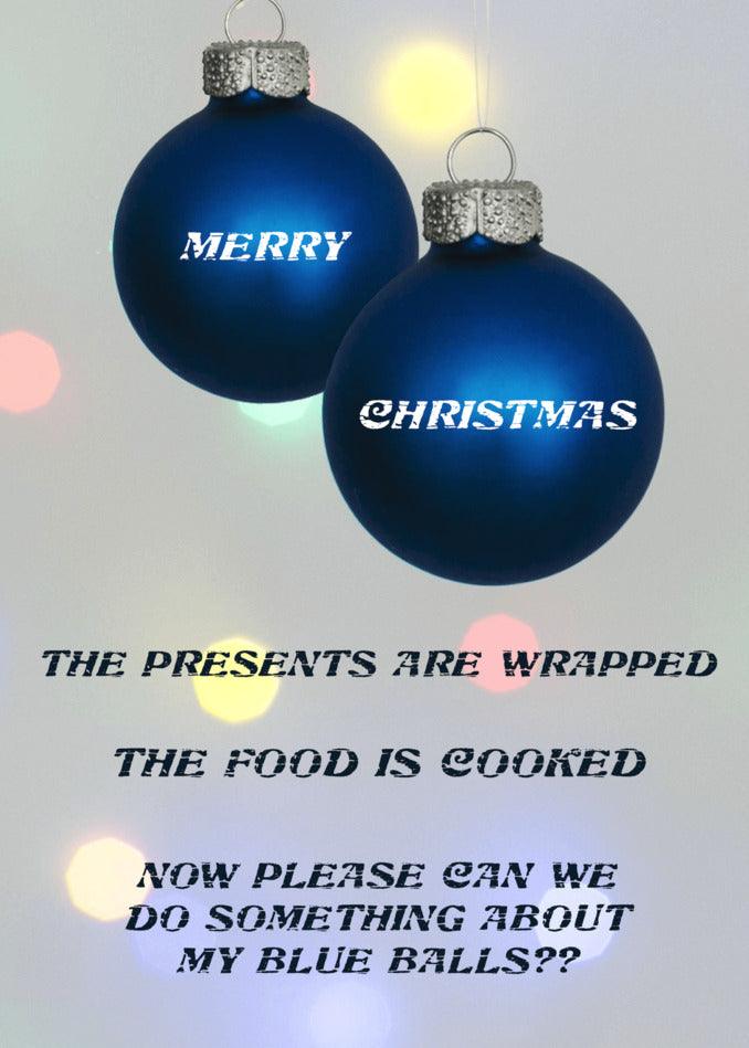A blue Presents Funny Christmas card filled with Twisted Gifts wrapped in merry presents. The food is cooked, creating an atmosphere of joy and celebration.