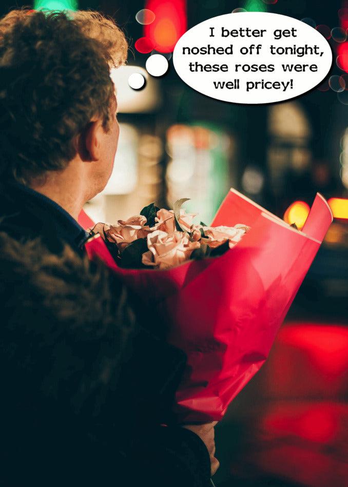 A man holding a bouquet of Pricey Insulting Valentine's Cards from Twisted Gifts for a funny Valentine's surprise.