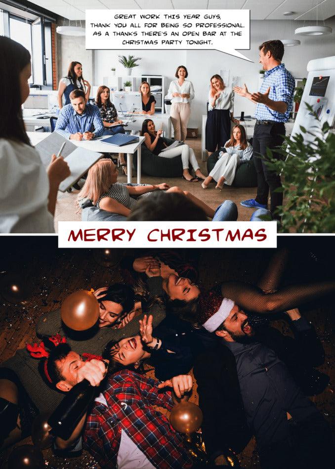 A group of people in a room exchanging Professional Funny Christmas Cards with an open bar, celebrating Christmas and spreading holiday cheer through personalized Twisted Gifts.