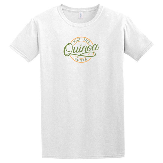 A Twisted Gifts Quinoa T-Shirt with an orange and green logo.