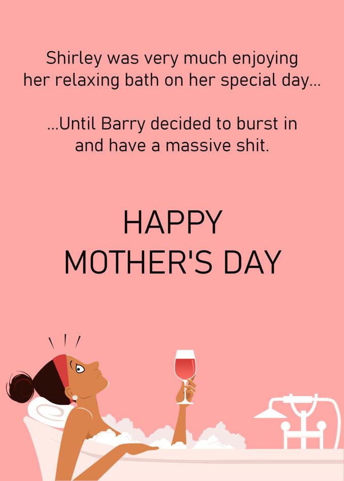 A fun-loving woman holding a glass of wine, celebrating Mother's Day with the Relaxing Bath Mother's Day Card from Twisted Gifts.