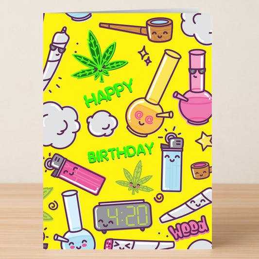 The "High – Funny Birthday Card" by Twisted Gifts features cartoon cannabis leaves, bongs, pipes, and a 4:20 clock on a bright yellow background—perfect for anyone who loves a playful and cheeky birthday celebration!.