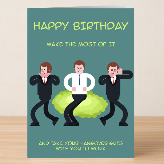 The Guts – Funny Birthday Card by Twisted Gifts shows three cartoon men in suits—one sick, one smiling, one groaning—with the text: "Happy Birthday. Make the most of it and take your hangover guts with you to work.