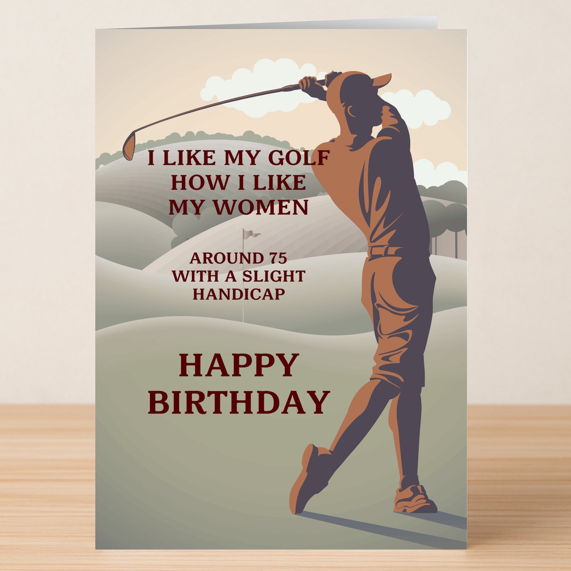 Handicap – Dark Humour Birthday Card by Twisted Gifts features a golfer's silhouette with cheeky, rude birthday text about golf and women on a stylized course background.