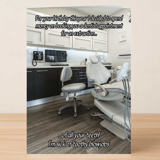 The image shows a dental clinic room with dentist chairs and equipment, featuring Twisted Gifts’ "Dentist – Rude Birthday Card," which jokes about booking a dentist for extractions with cheeky humor about oral sex.