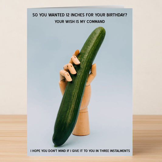 The Twisted Gifts "Instalments – Rude Birthday Card" features a wooden mannequin hand holding a large cucumber upright against a blue background, with joke text about fulfilling birthday wishes in installments.