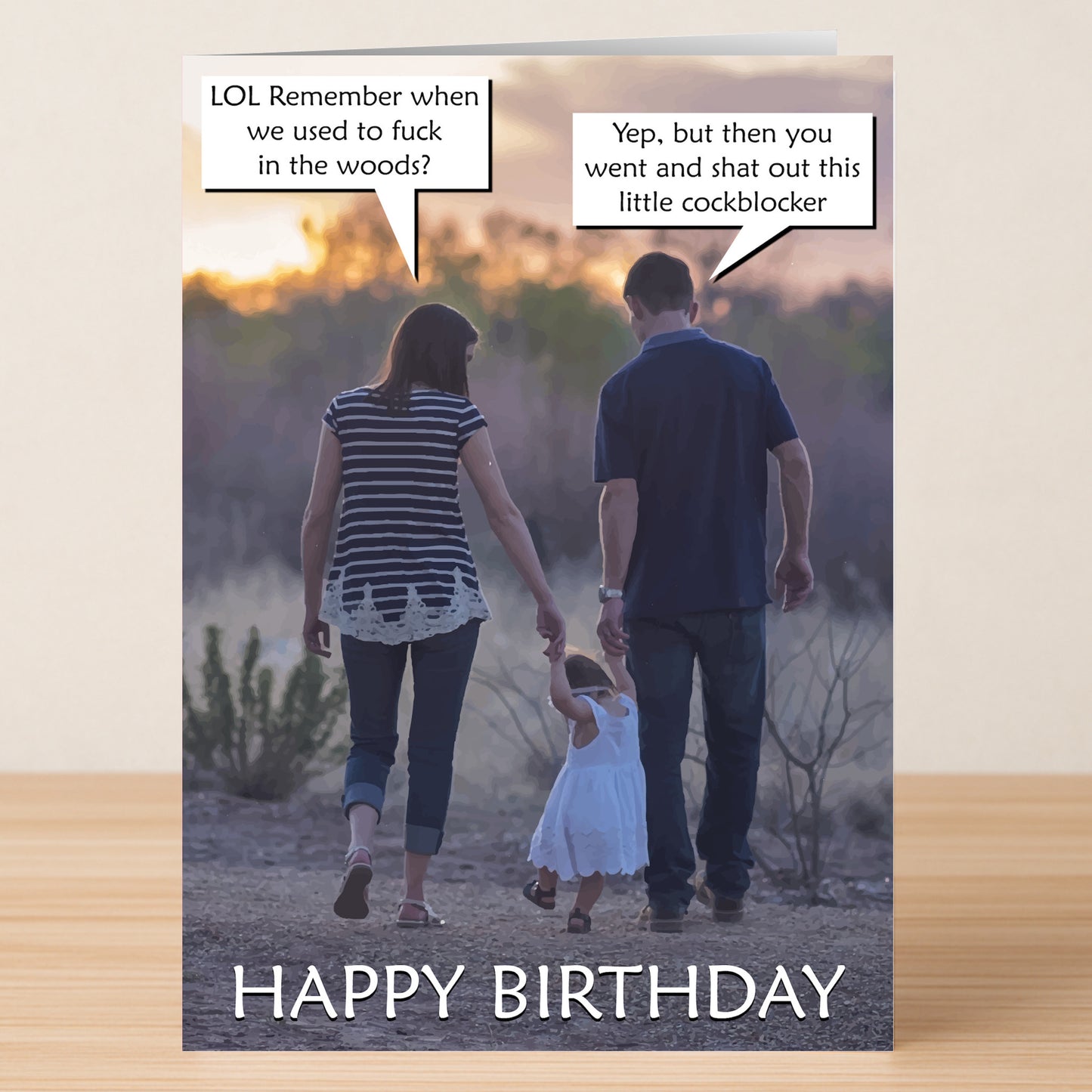 A family of three walks hand-in-hand at sunset. Two adults joke about parenthood in speech bubbles, adding a cheeky twist perfect for Cockblocker – Funny Birthday Card by Twisted Gifts. "HAPPY BIRTHDAY" text is shown at the bottom.