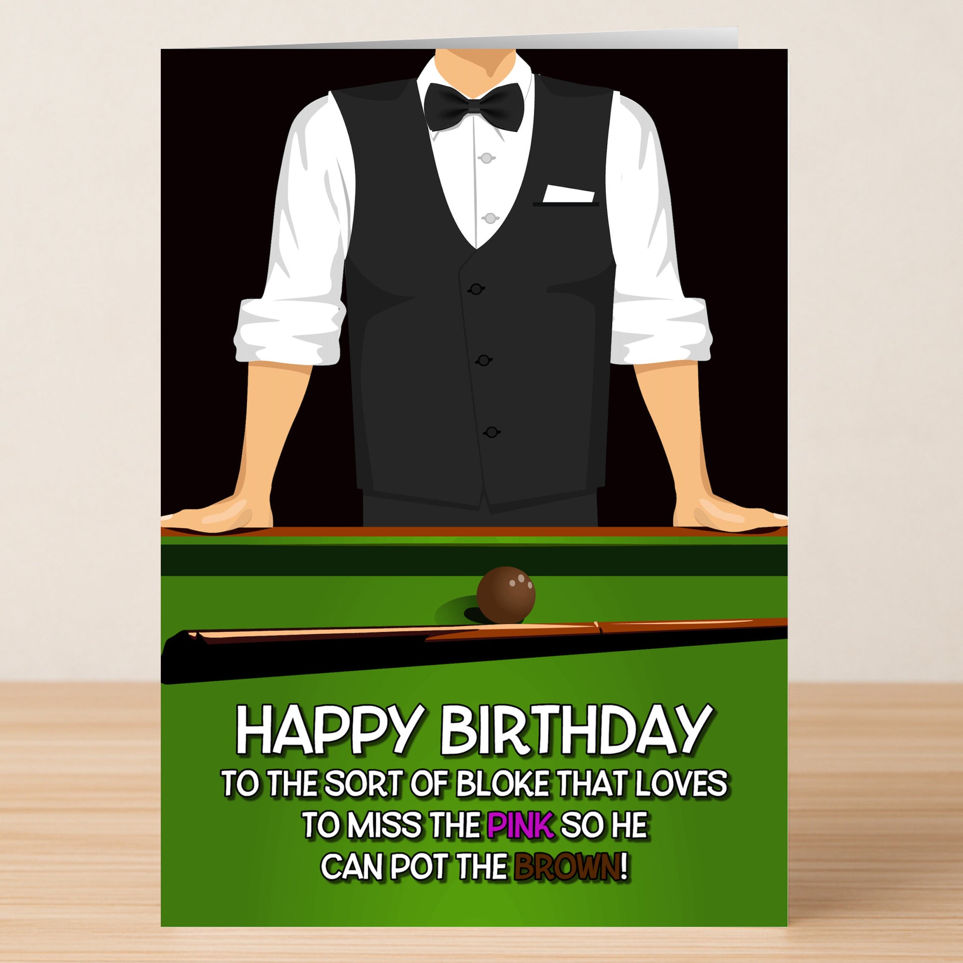 Pot The Brown – Rude Birthday Card by Twisted Gifts: features a man in a waistcoat and bow tie behind a pool table with a brown ball, plus playful, cheeky snooker-themed birthday text.