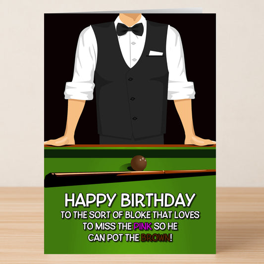 Pot The Brown – Rude Birthday Card by Twisted Gifts: features a man in a waistcoat and bow tie behind a pool table with a brown ball, plus playful, cheeky snooker-themed birthday text.