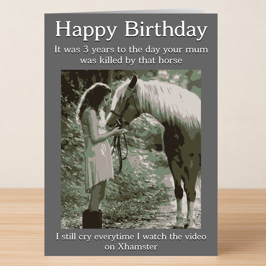 A young girl stands by a white horse in the woods on the front of Twisted Gifts' "Horse – Rude Birthday Card," serving up sarcasm and dark humor for a memorable birthday.