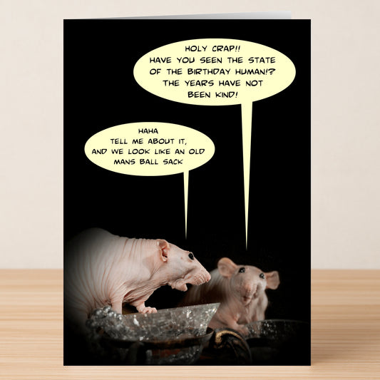 The Ball Sack – Insulting Birthday Card by Twisted Gifts features two hairless rats in a glass dish with speech bubbles joking about aging skin—perfect for anyone who appreciates a funny, slightly rude birthday card.