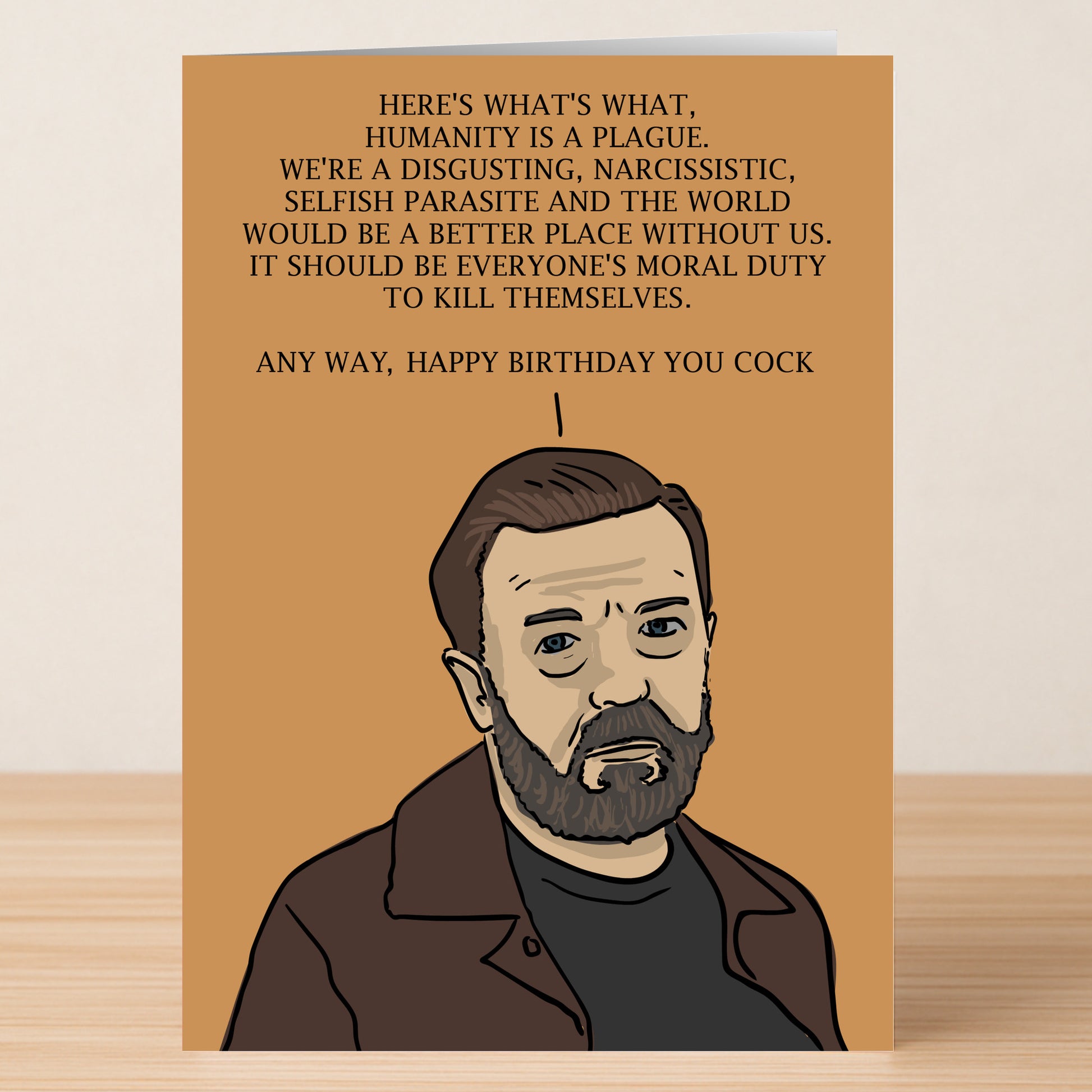 The After Life Tony – Dark Humour Birthday Card by Twisted Gifts features a serious, bearded man with a sarcastic message—ideal for anyone who enjoys witty banter and dark humour on their birthday.