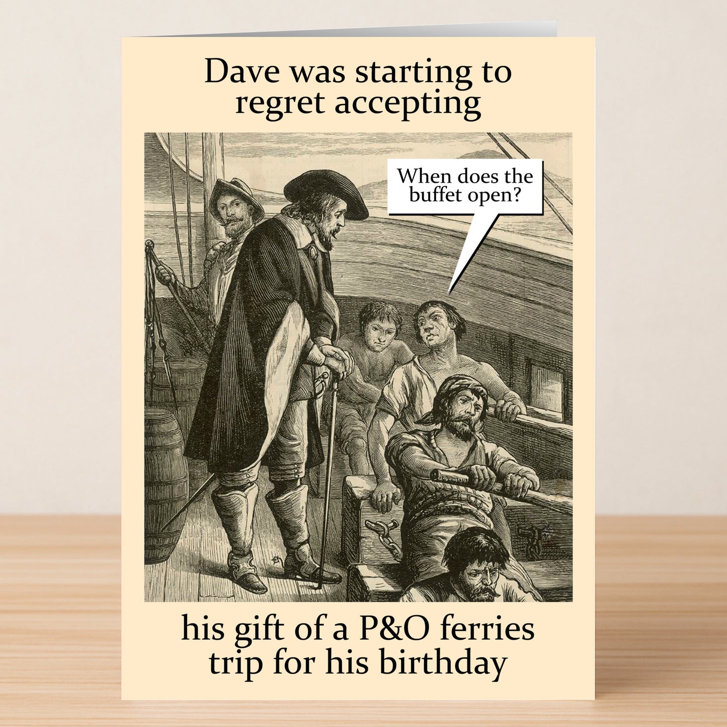 The P&O Funny Birthday Card by Twisted Gifts features a vintage ship scene with a speech bubble asking “When does the buffet open?”—a humorous nod to regretting that P&O ferries trip gift.