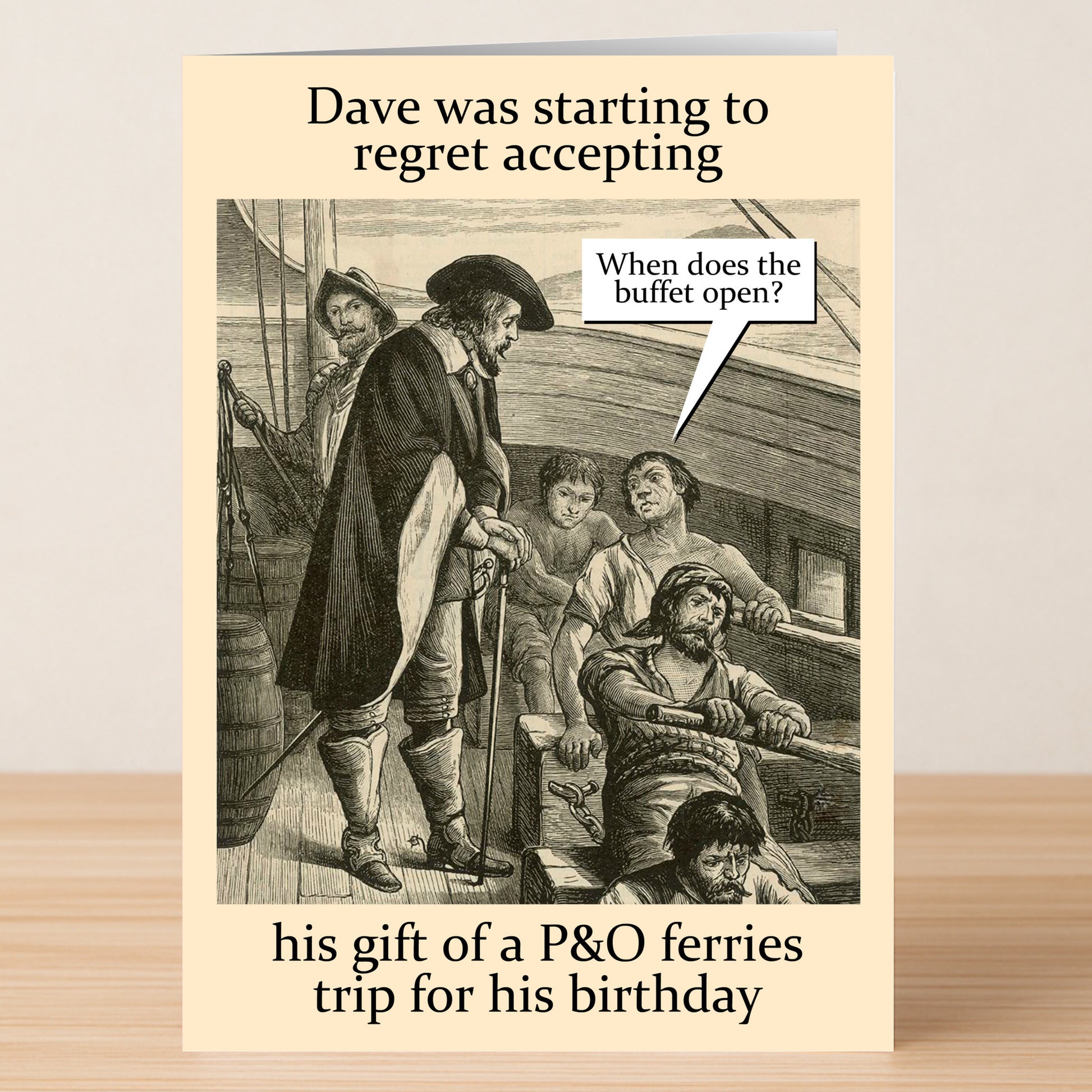 The P&O Funny Birthday Card by Twisted Gifts features a vintage ship scene with a speech bubble asking “When does the buffet open?”—a humorous nod to regretting that P&O ferries trip gift.