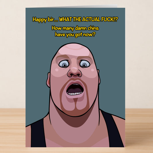 The Chins Funny Birthday Card by Twisted Gifts features a cartoon of a surprised bald man with multiple chins and witty, humorous birthday text above his head.
