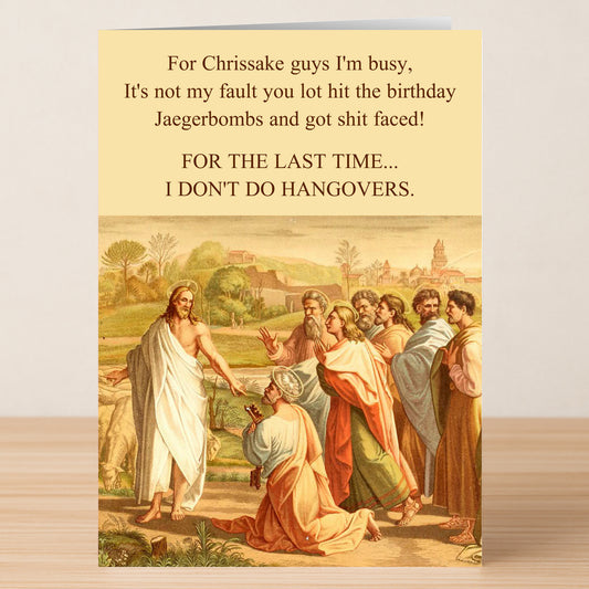 The Chrissake Funny Birthday Card by Twisted Gifts features a classical Jesus painting with hilarious hangover jokes—making it a unique and perfect funny birthday card for anyone who enjoys a good laugh.