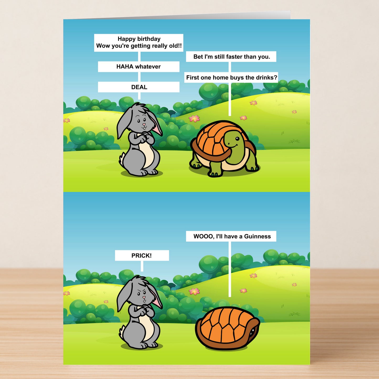 Twisted Gifts’ “Tortoise” Ageing Slow Joke Card is a funny birthday card with a rabbit and tortoise joking about racing—a cheeky animal pun in a green field, where the winning tortoise is called a "prick.”.