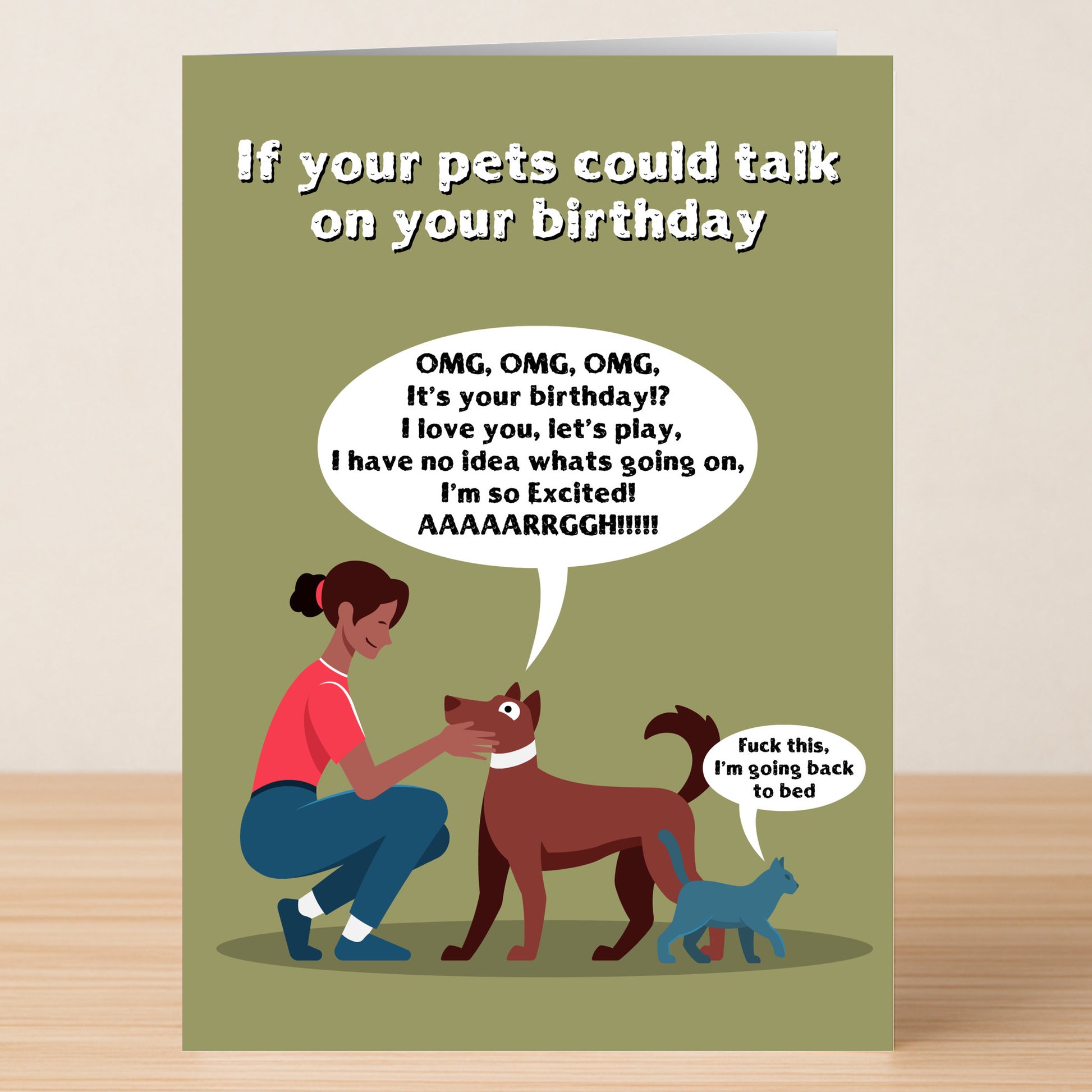 Celebrate with the Pet Talk – Funny Birthday Card by Twisted Gifts: a woman kneels to pet her excited dog thrilled for her birthday, while a nearby cat says it’s going back to bed—adding sarcastic humor to any birthday!.