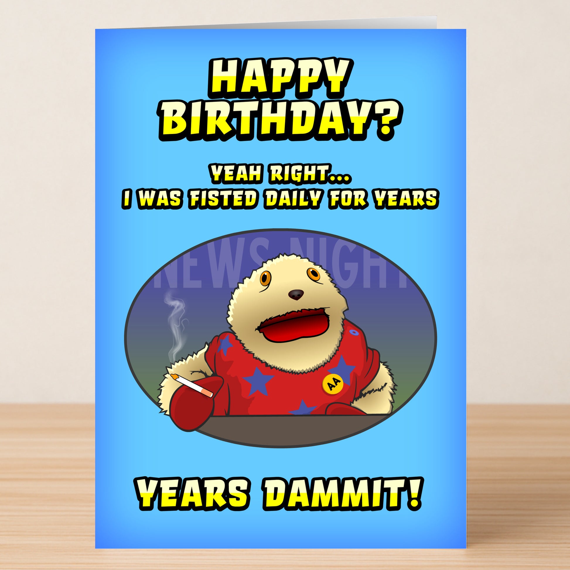 The "Gorden the Gopher – Rude Birthday Card" by Twisted Gifts features a puppet with a red mug and the cheeky message, "Happy birthday? Yeah right... I was fisted daily for years. Years dammit!" on a blue background—perfect for an offensive birthday laugh.