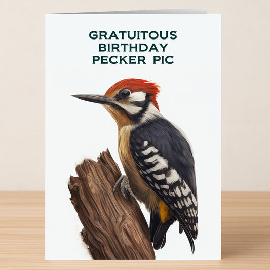 The Pecker Pic – Funny Birthday Card by Twisted Gifts features a woodpecker and the text “Gratuitous Birthday Pecker Pic”—a hilarious, slightly rude birthday card for anyone with a cheeky sense of humor.