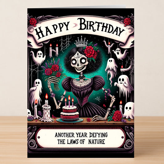 The Twisted Gifts “Defying Nature – Insulting Birthday Card” features a gothic skeleton woman with flowers, ghosts, candles, cake, and the messages "Happy Birthday" and "Another year defying the laws of nature.