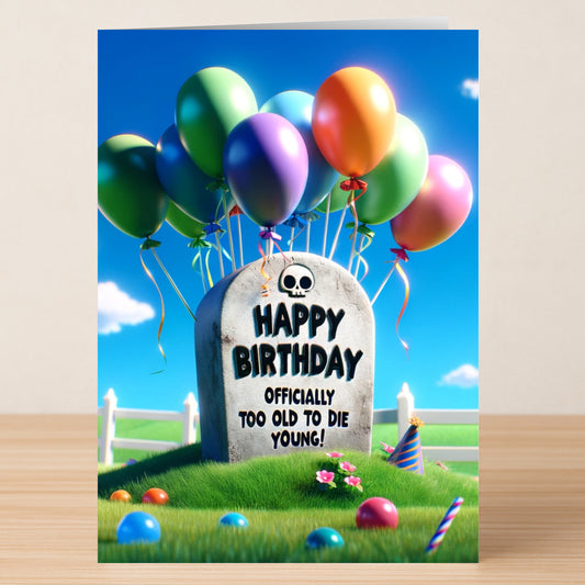 The Die Young – Insulting Birthday Card by Twisted Gifts features a tombstone with "Happy Birthday, Officially Too Old to Die Young!" surrounded by colorful balloons, party hats, and a bright blue sky for a funny, cheeky celebration.
