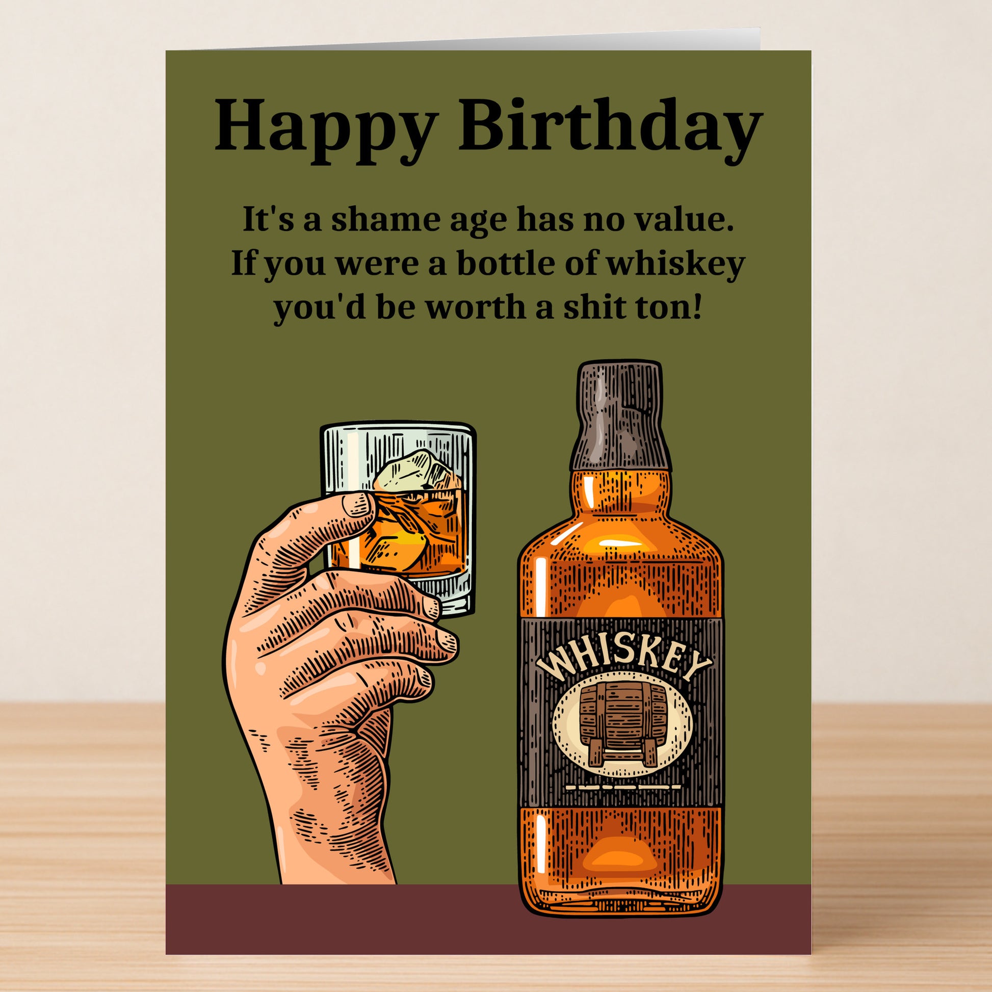 The "Age Has No Value – Insulting Birthday Card" by Twisted Gifts features a whiskey bottle, a hand holding a glass, and witty humour about age versus the value of good whiskey.