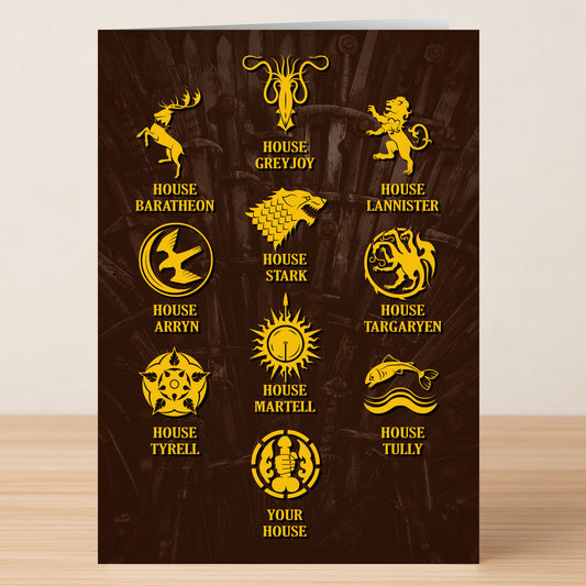 The G.O.T. – Rude Birthday Card by Twisted Gifts features nine yellow Game of Thrones house sigils, their names, and a customizable "Your House" sigil on a dark background.