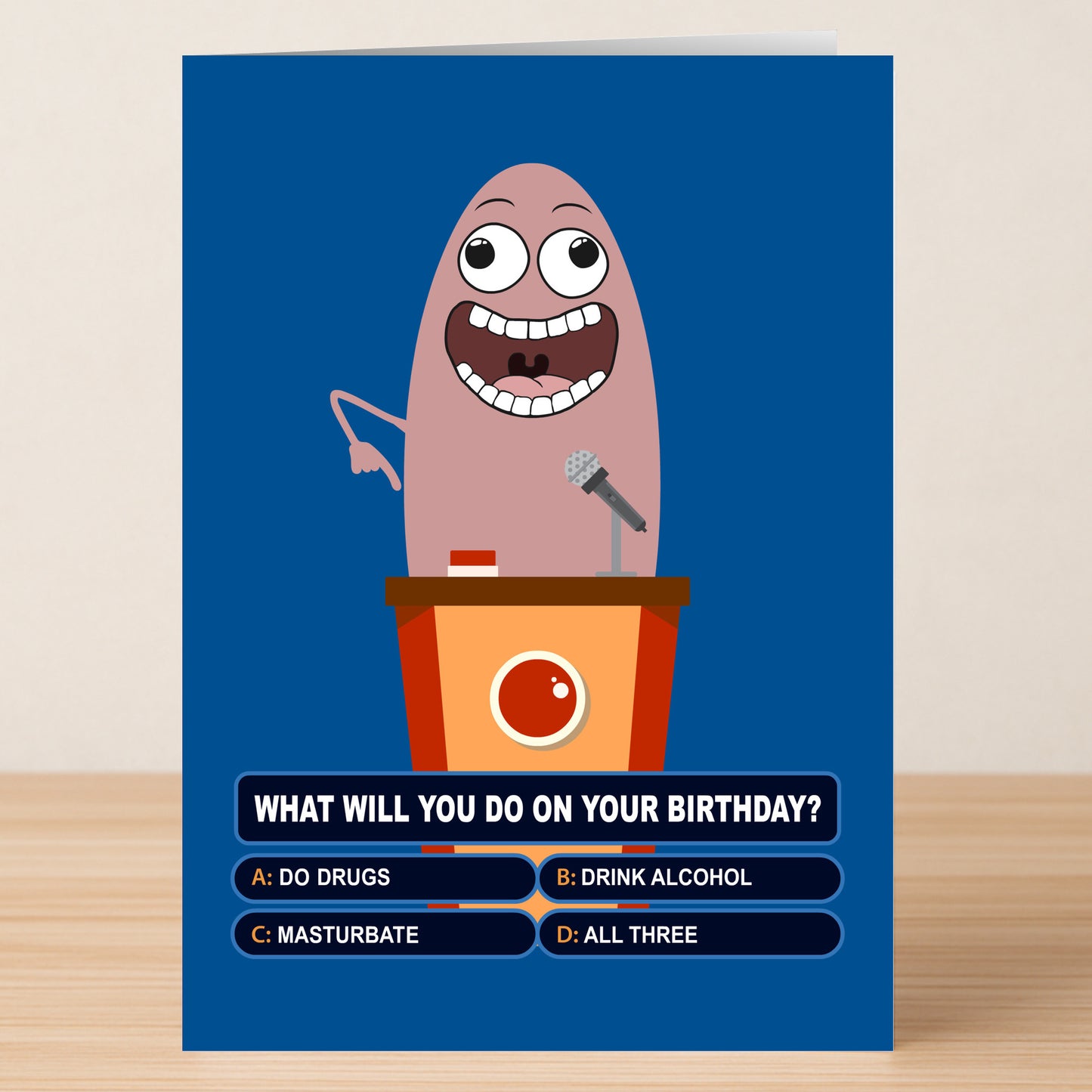 A cartoon host at a podium presents a multiple-choice quiz, "What will you do on your birthday?" Humorous adult-themed options make the Twisted Gifts Quarantine Quiz Birthday Card the perfect funny card for any celebration.