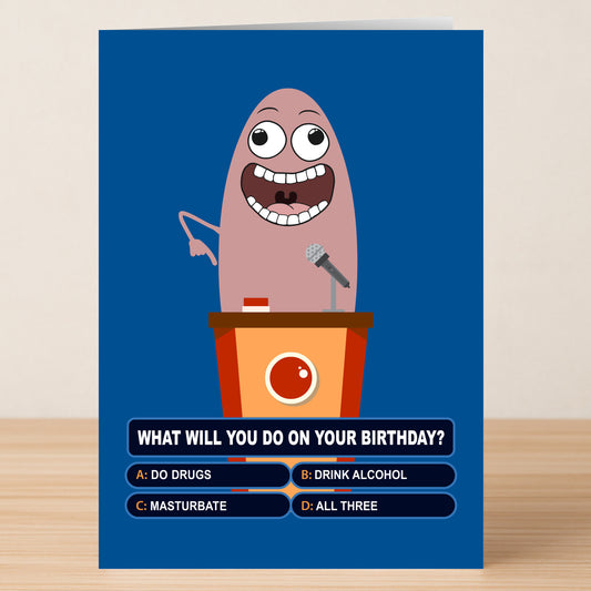 A cartoon host at a podium presents a multiple-choice quiz, "What will you do on your birthday?" Humorous adult-themed options make the Twisted Gifts Quarantine Quiz Birthday Card the perfect funny card for any celebration.