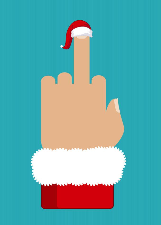 A hand with a santa claus hat is pointing at a blue background, creating a Santa Finger Rude Christmas Card by Twisted Gifts.