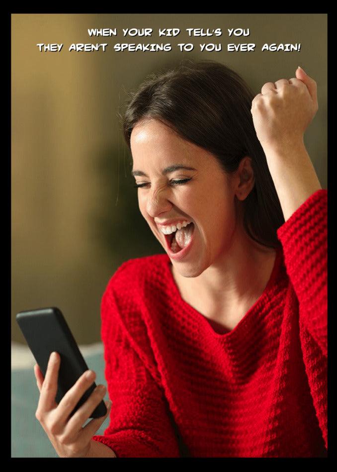 A woman is laughing on her cell phone, sharing a funny moment for a Twisted Gifts Speak Funny Mother's Day Card.