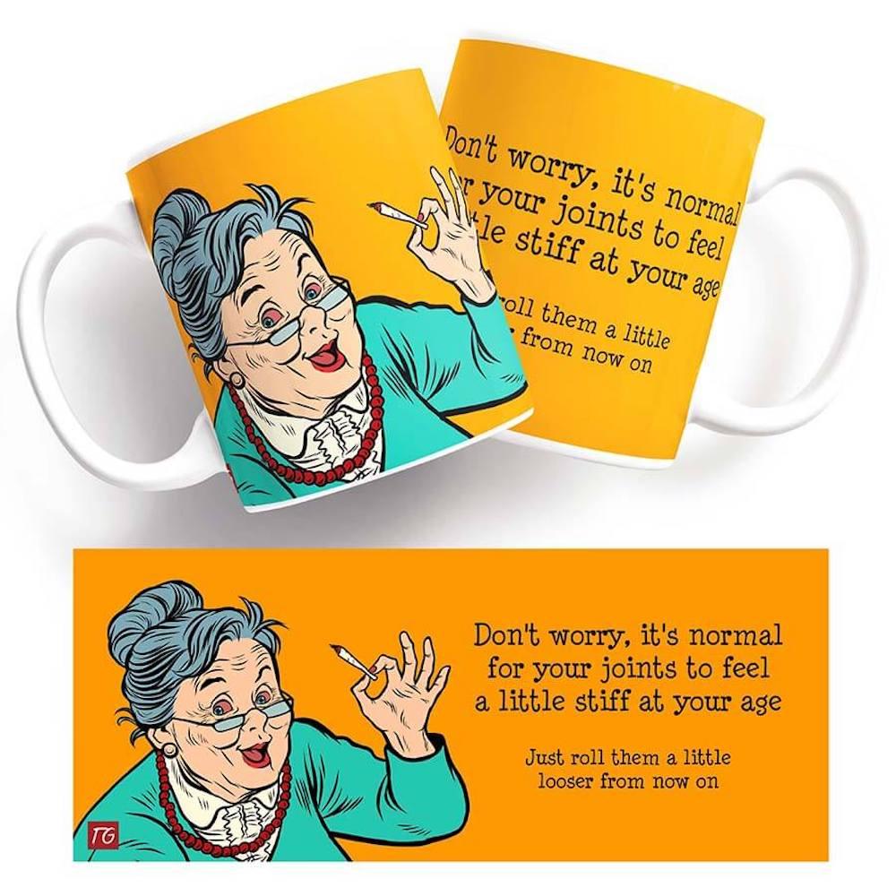 A Stiff Joints Mug from Twisted Gifts with a quote on it for twisted gifts.
