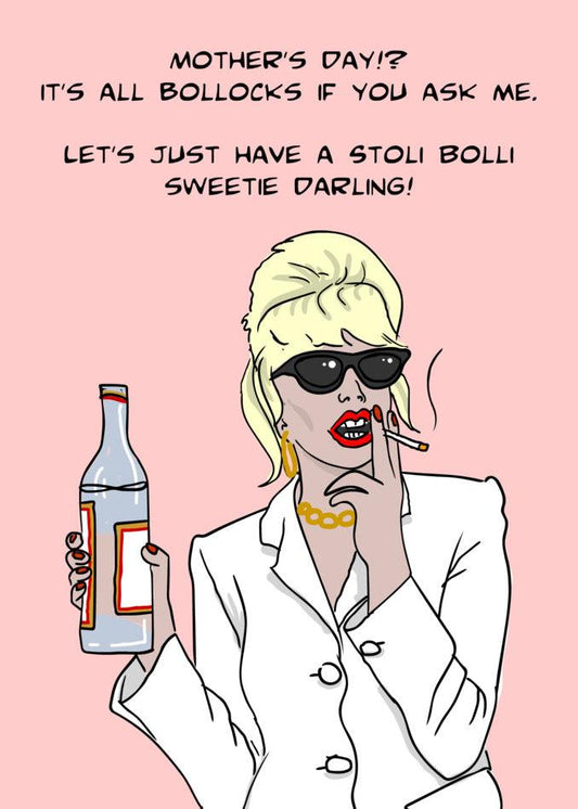 A woman is having fun smoking a Stoli Bolli Funny Mother's Day Card and holding a bottle of liquor from Twisted Gifts.