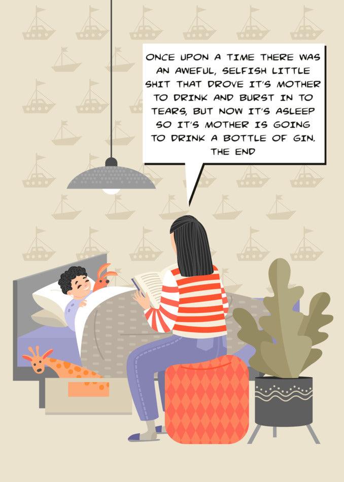 Description: A hilarious cartoon featuring a woman engaging in a conversation with a giraffe while they both relax on a bed, brought to you by Twisted Gifts' Story Time Rude Mother's Day Card.