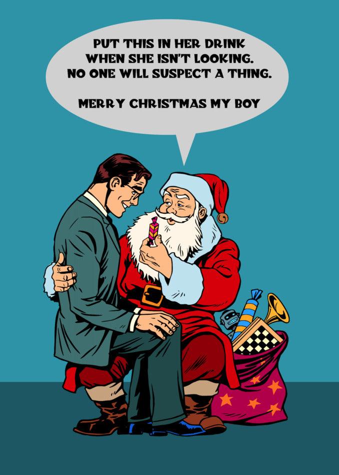 A Suspect Rude Christmas card featuring Santa Claus and a boy opening Twisted Gifts.