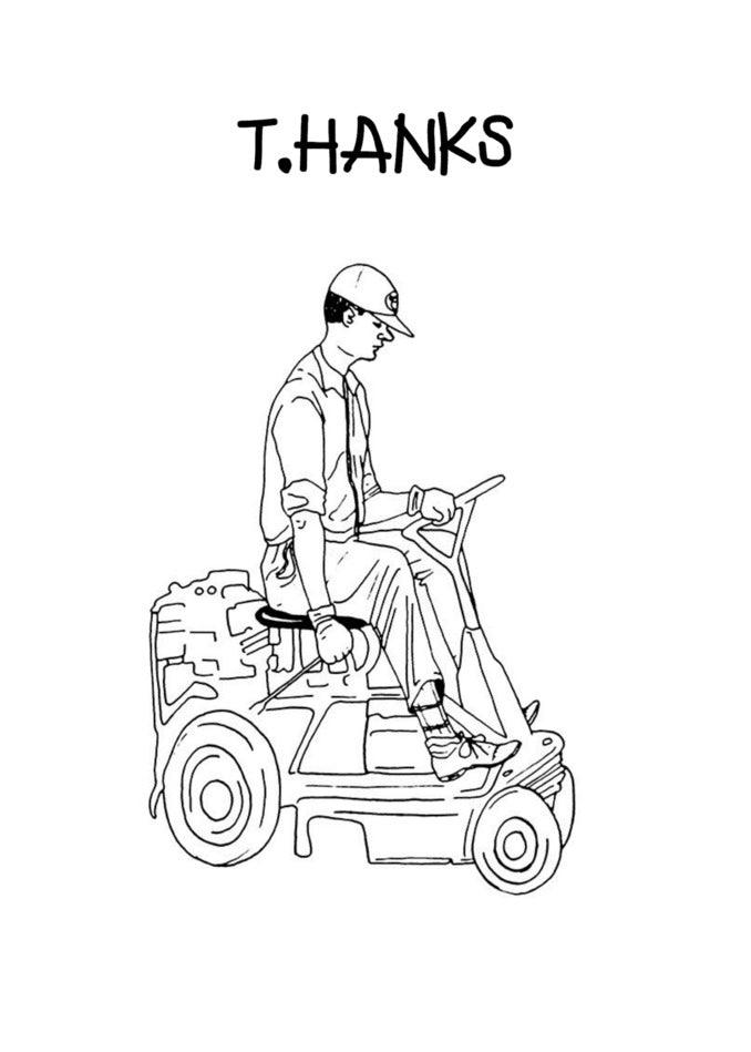A T.Hanks Funny Thank You Card featuring a drawing of a man riding a lawn mower with the words thanks, by Twisted Gifts.