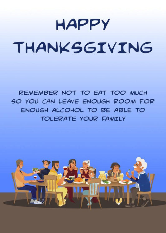 A hilarious Tolerate Rude Thanksgiving card featuring a group of people at a table, with Twisted Gifts providing a touch of laughter.