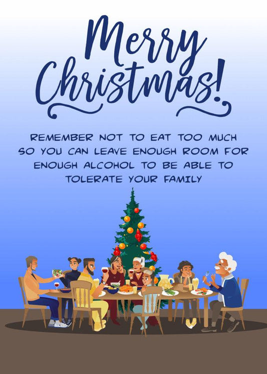 A Tolerate Xmas Funny Christmas Card from Twisted Gifts, with a family sitting around a table, exchanging twisted gifts and enjoying some alcohol.